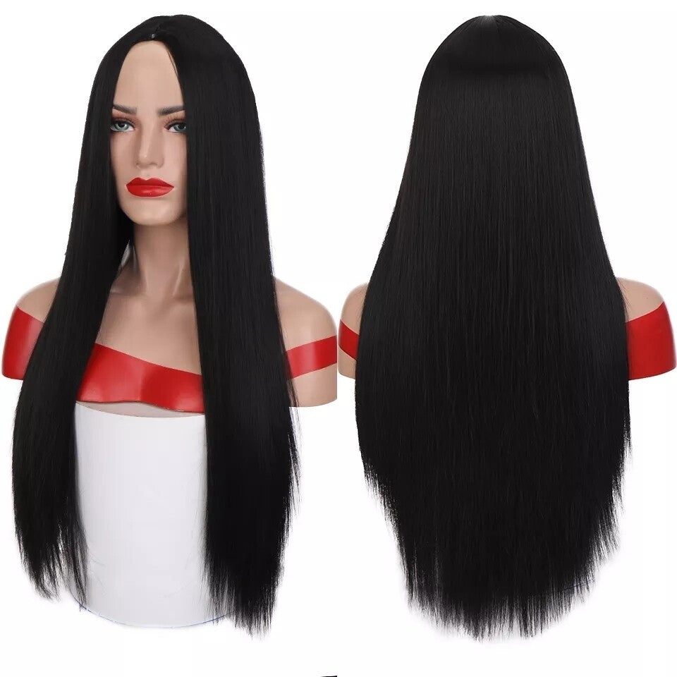 Peruca Neagra fara breton, par lung drept, 65 cm