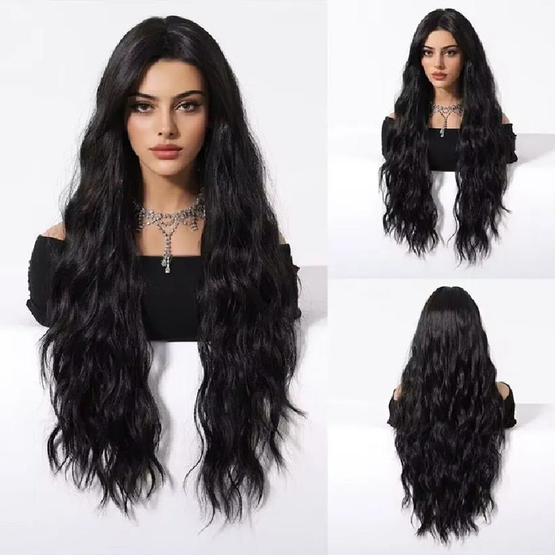 Peruca NEAGRA ondulata, par lung cu semi breton, 80 cm