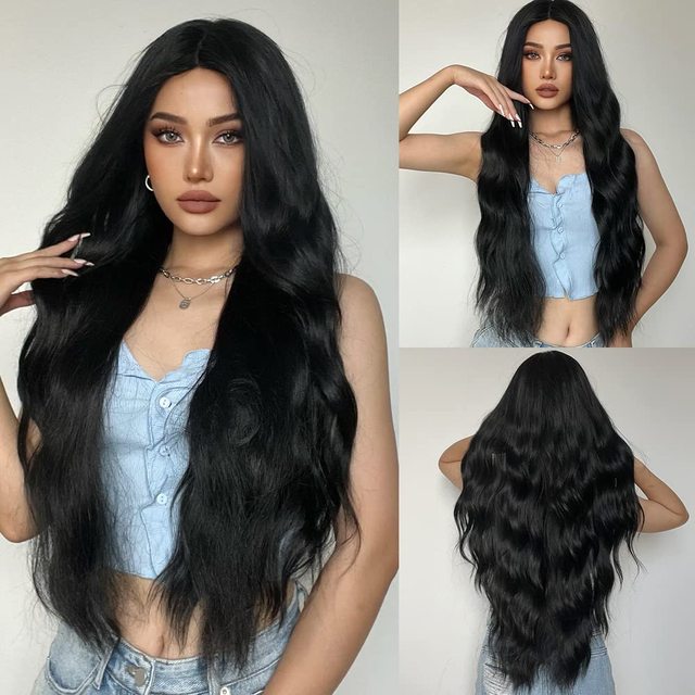 Peruca NEAGRA ondulata, par lung cu semi breton, 80 cm