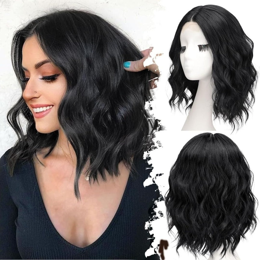 Peruca Neagra model bob, par ondulat, fara breton, 36 cm, cu dantela frontala