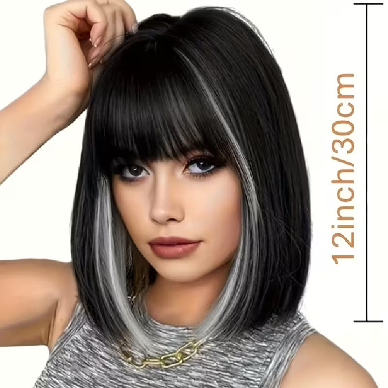 Peruca Neagra cu suvite Gri, par bob drept, cu breton, 30 cm