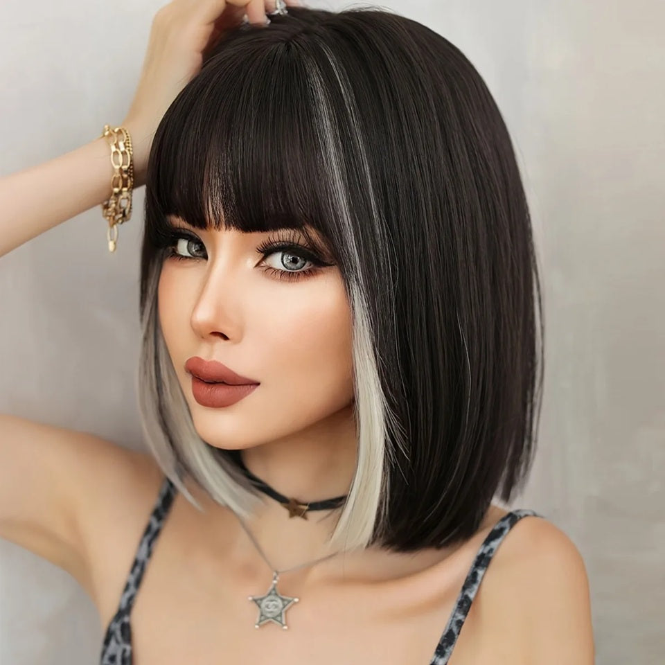 Peruca Neagra cu suvite Gri, par bob drept, cu breton, 30 cm