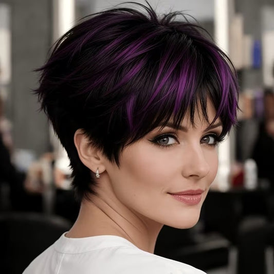 Peruca scurta Neagra cu suvite Mov suvitat, par drept