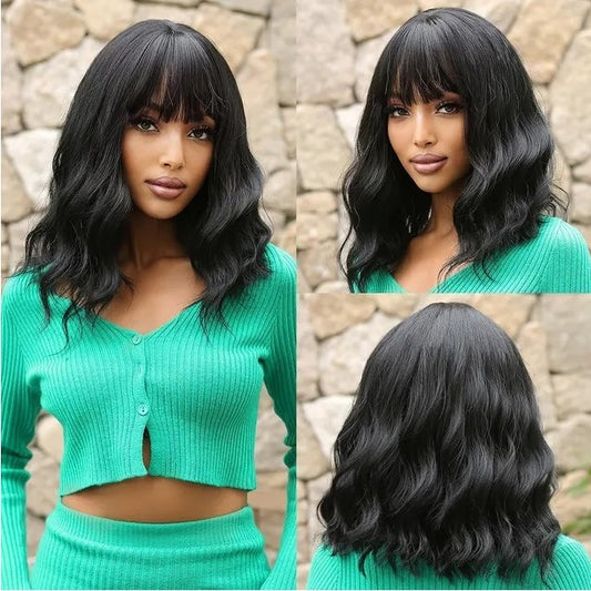 Peruca bob Neagra, par ondulat, cu breton, 36 cm