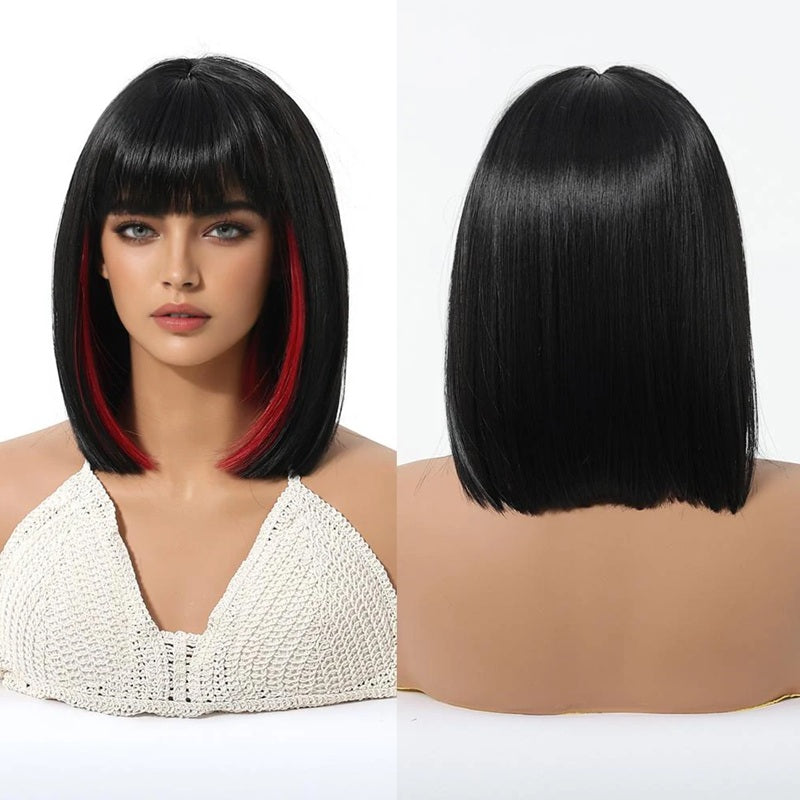 Peruca Neagra cu suvite Rosii, par bob drept, cu breton, 30 cm