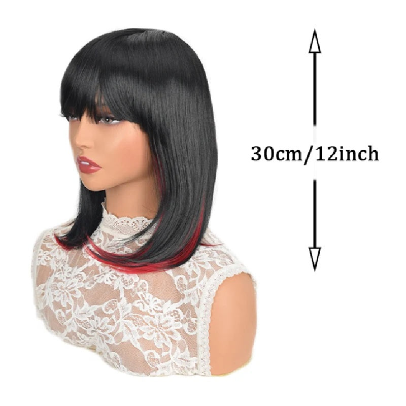 Peruca Neagra cu suvite Rosii, par bob drept, cu breton, 30 cm