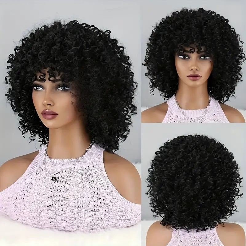 Peruca Neagra scurta, afro, creata, fara breton, bufanta