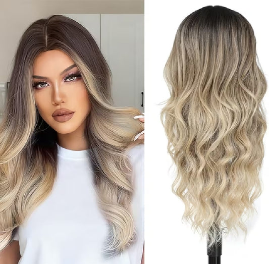 Peruca Blond cenusiu, par lung ondulat, fara breton, 55 cm, cu dantela frontala
