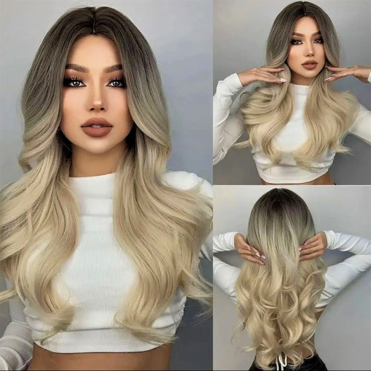 Peruca Ombre Blond deschis, par lung ondulat, fara breton, 65 cm