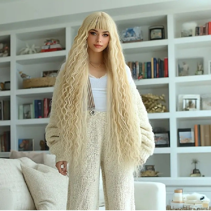 Peruca creata Blond auriu, foarte lunga, cu breton, 110 cm