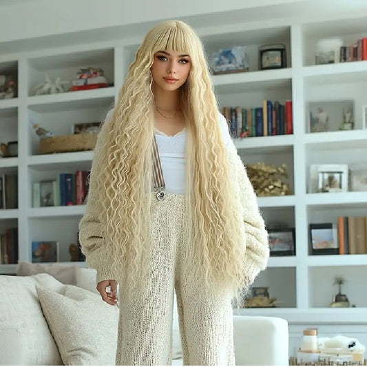 Peruca creata Blond auriu, foarte lunga, cu breton, 110 cm