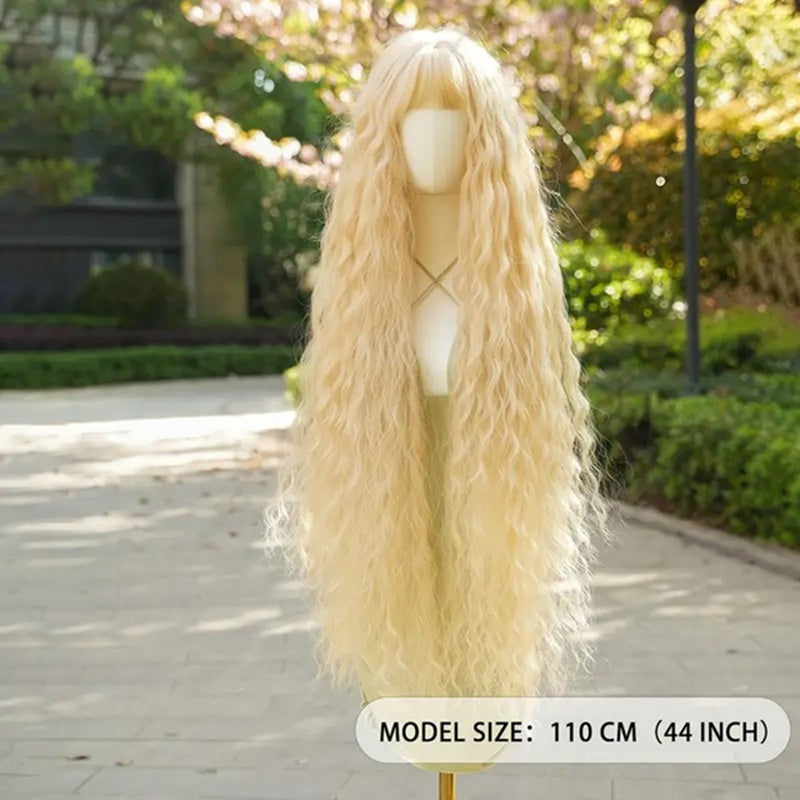 Peruca creata Blond auriu, foarte lunga, cu breton, 110 cm