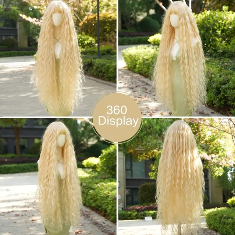 Peruca creata Blond auriu, foarte lunga, cu breton, 110 cm