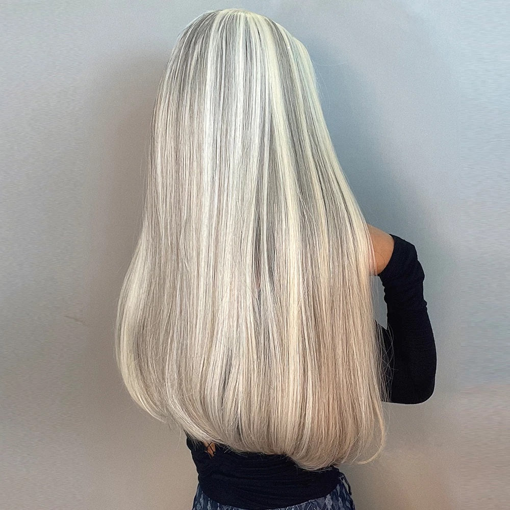 Peruca Blond Alb cu suvite Gri, par lung drept, cu breton, 65 cm