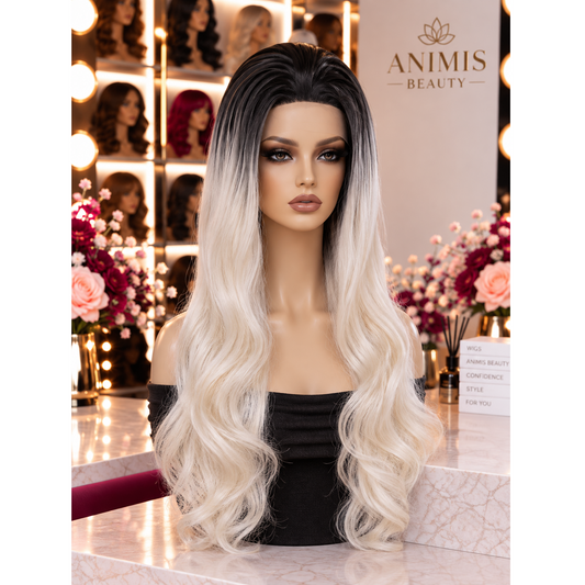 Peruca Blond Alb pentru Cosplay Halloween, par lung ondulat, fara breton, 70 cm