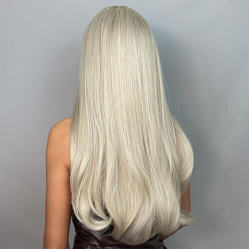 Peruca Blond cenusiu suvitat, par lung drept, cu breton, 65 cm