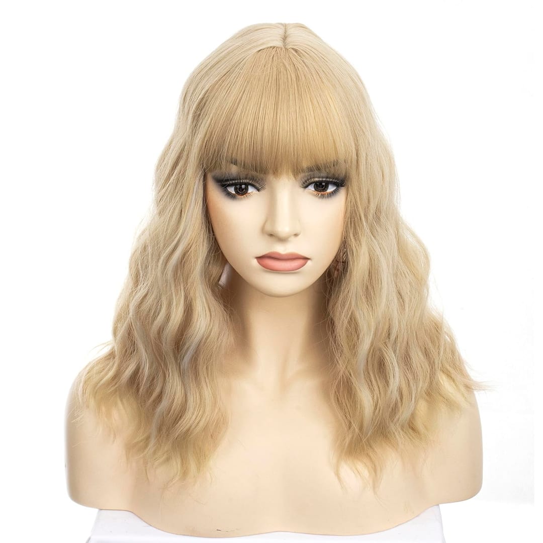 Peruca Blond Cenusiu, par bob ondulat, cu breton, 36 cm