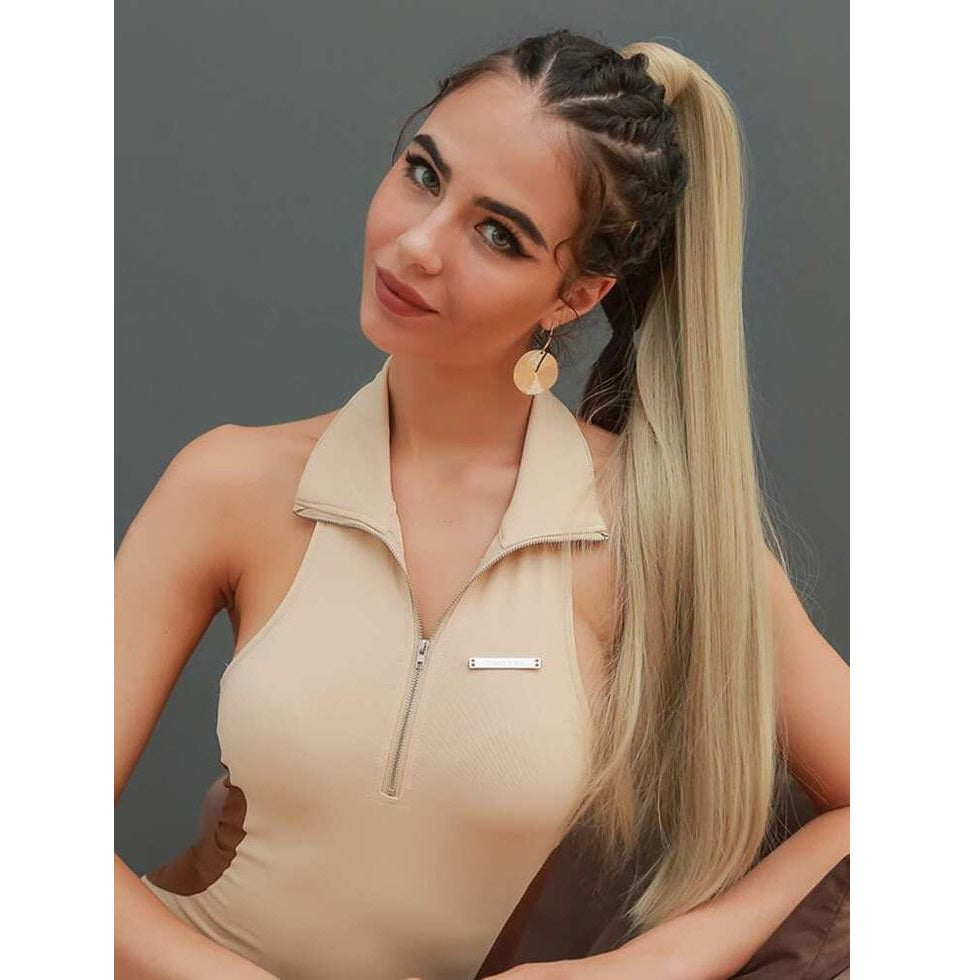 Coada par Blond cenusiu, 80 cm, dreapta cu 2 panglici