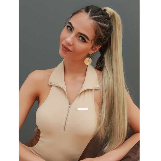 Coada par Blond cenusiu, 80 cm, dreapta cu 2 panglici