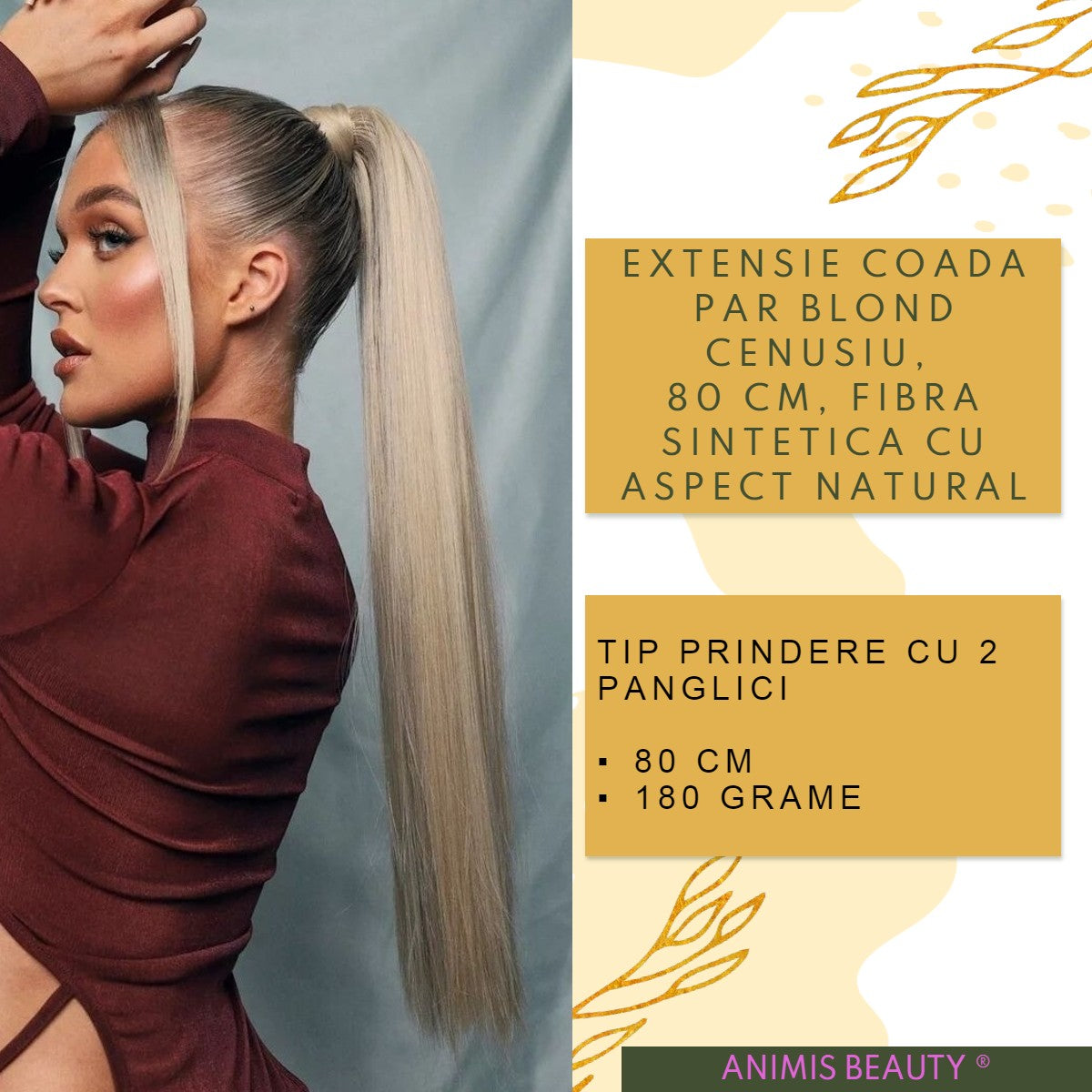 Coada par Blond cenusiu, 80 cm, dreapta cu 2 panglici
