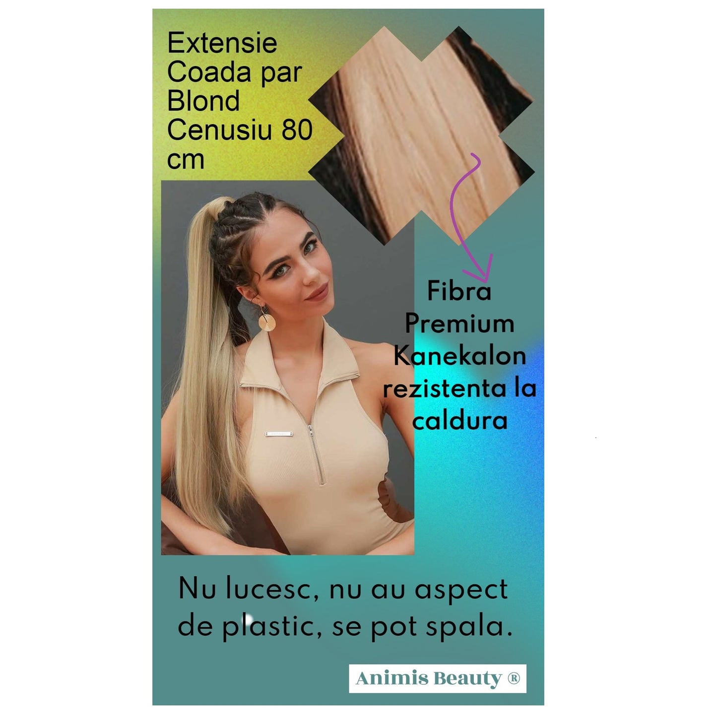 Coada par Blond cenusiu, 80 cm, dreapta cu 2 panglici