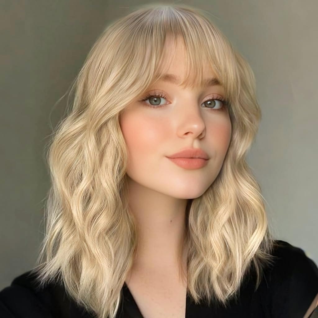 Peruca Blond Cenusiu, par bob ondulat, cu breton, 36 cm