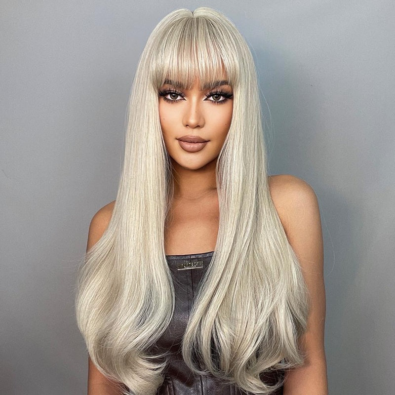 Peruca Blond cenusiu suvitat, par lung drept, cu breton, 65 cm