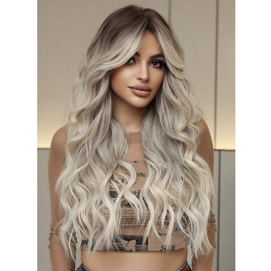 Peruca Blond Cenusiu suvitat, par lung ondulat, cu breton, 65 cm