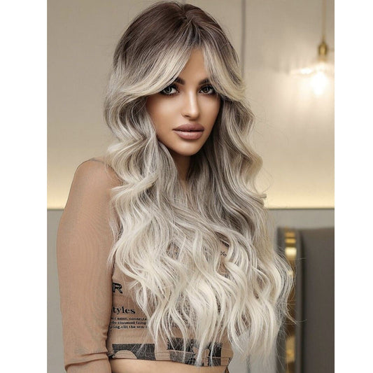 Peruca Blond Cenusiu suvitat, par lung ondulat, cu breton, 65 cm