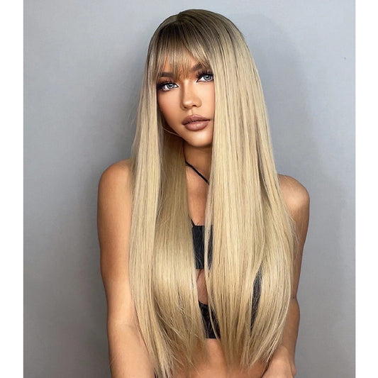 Peruca Blonda, par lung drept, cu breton, 66 cm