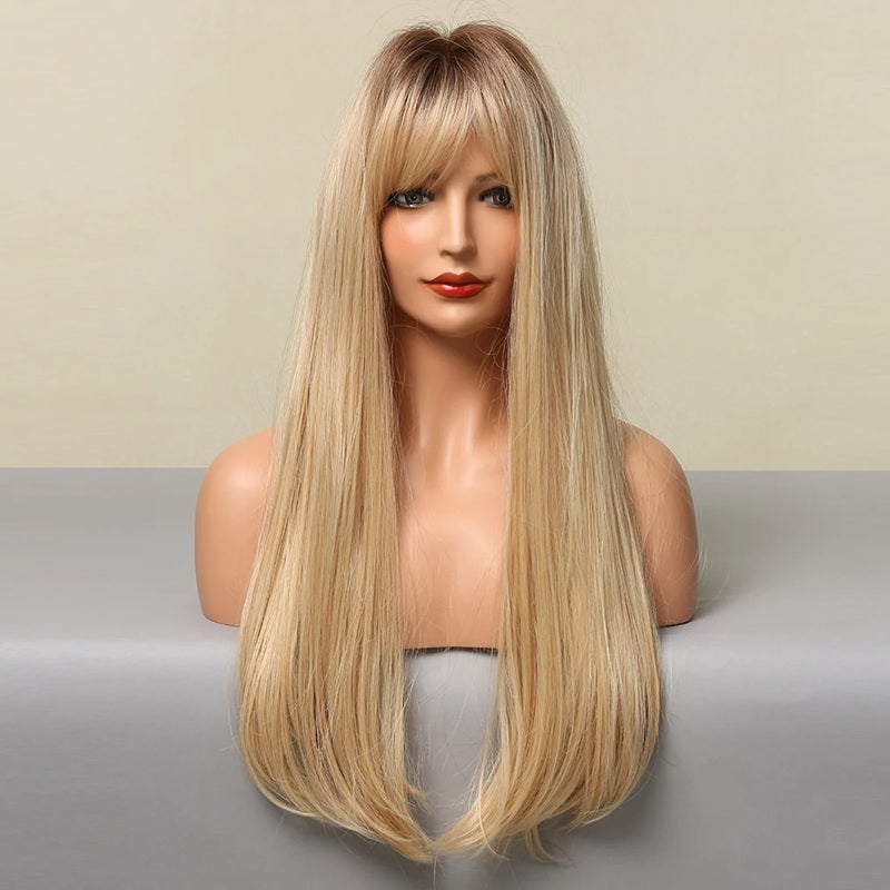Peruca Blonda, par lung drept, cu breton, 66 cm