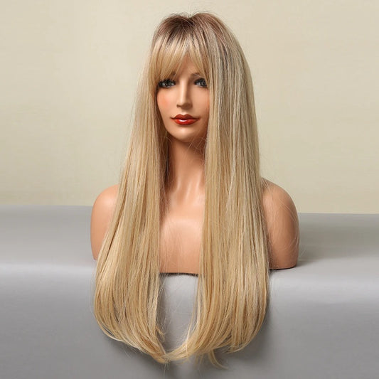 Peruca Blonda, par lung drept, cu breton, 66 cm