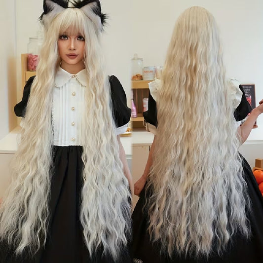 Peruca Blond deschis creata, lunga, cu breton, 110 cm