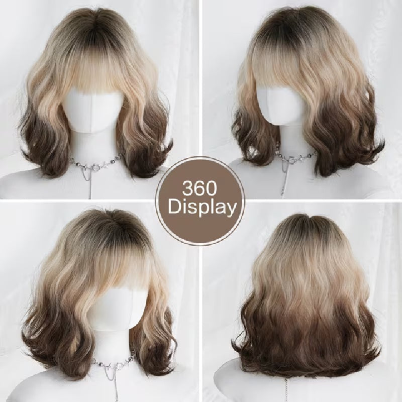 Peruca bob BLOND cu MARO par ondulat, cu breton, 30 cm