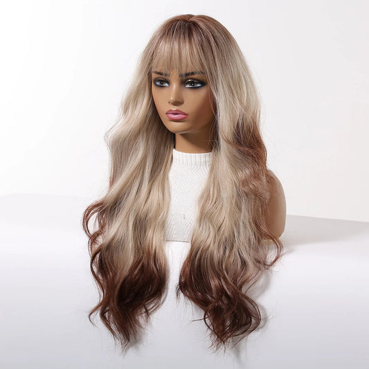 Peruca Blond cu Maro, par lung ondulat, cu breton, 66 cm