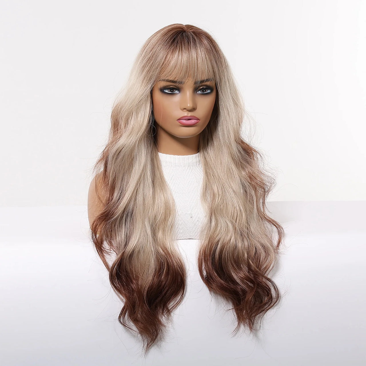 Peruca Blond cu Maro, par lung ondulat, cu breton, 66 cm