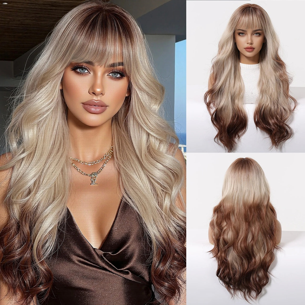 Peruca Blond cu Maro, par lung ondulat, cu breton, 66 cm
