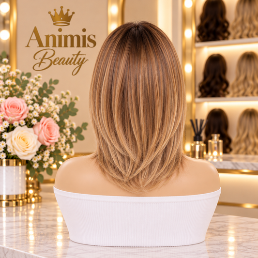 Peruca Blond Miere, par mediu drept, cu breton, 40 cm