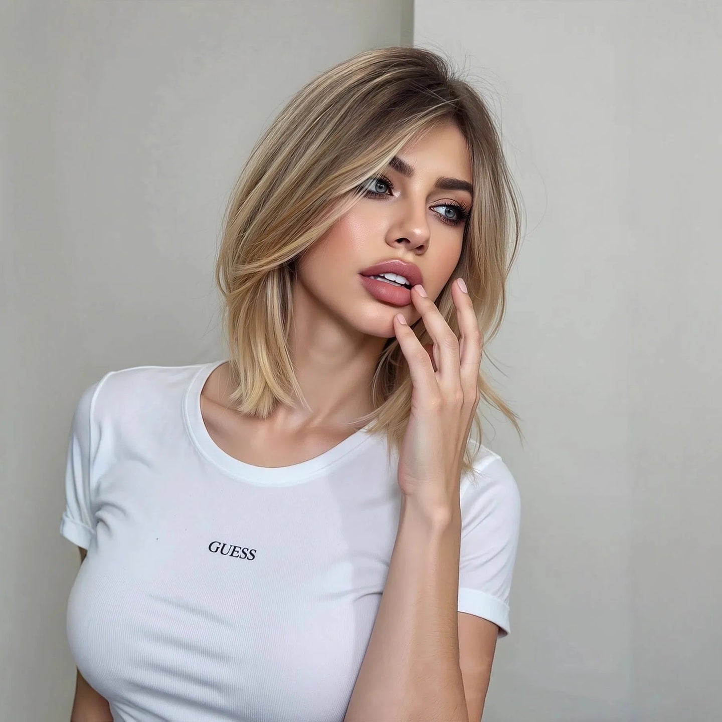 Peruca Blond mediu auriu cenusiu, 36 cm, par bob drept, cu semi breton