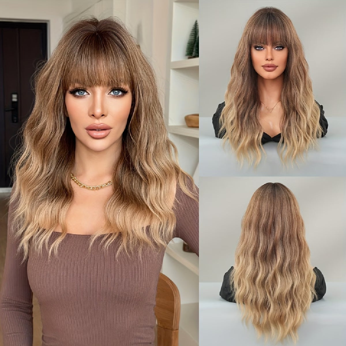 Peruca Blond Nisipiu Ombre, par mediu ondulat, cu breton, 57 cm