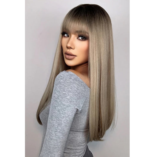 Peruca Blond Nisipiu, par lung drept, cu breton, 65 cm