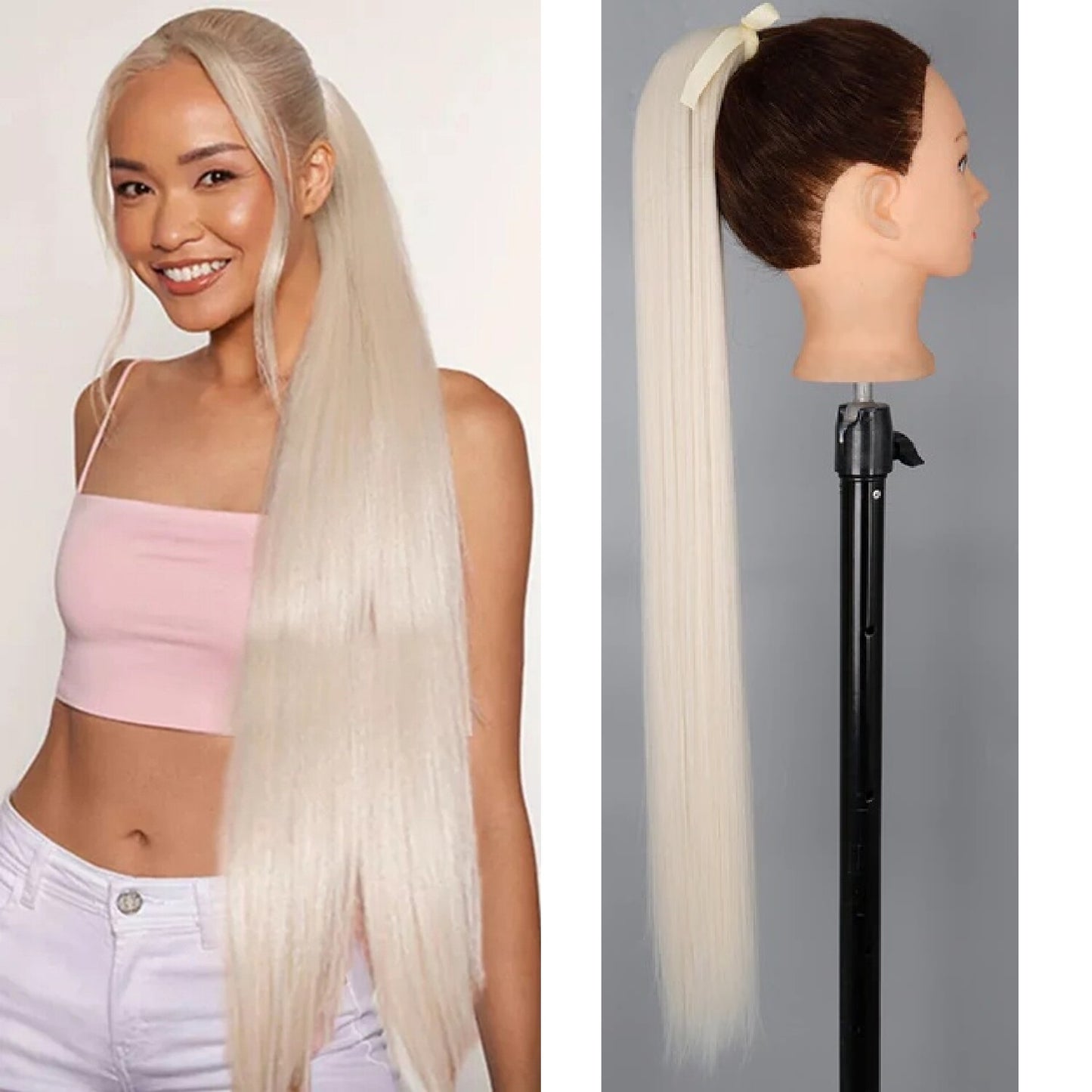 Coada par Blond Platinat,80 cm, dreapta, cu 2 panglici