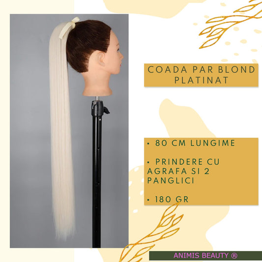 Coada par Blond Platinat,80 cm, dreapta, cu 2 panglici
