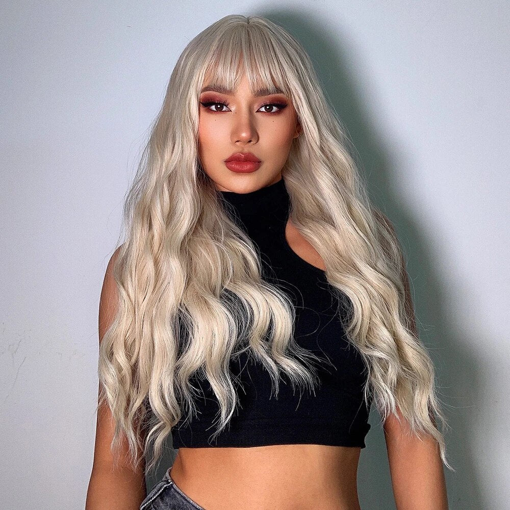 Peruca Blond Rece Cenusiu, lunga ondulata, cu breton, 65 cm