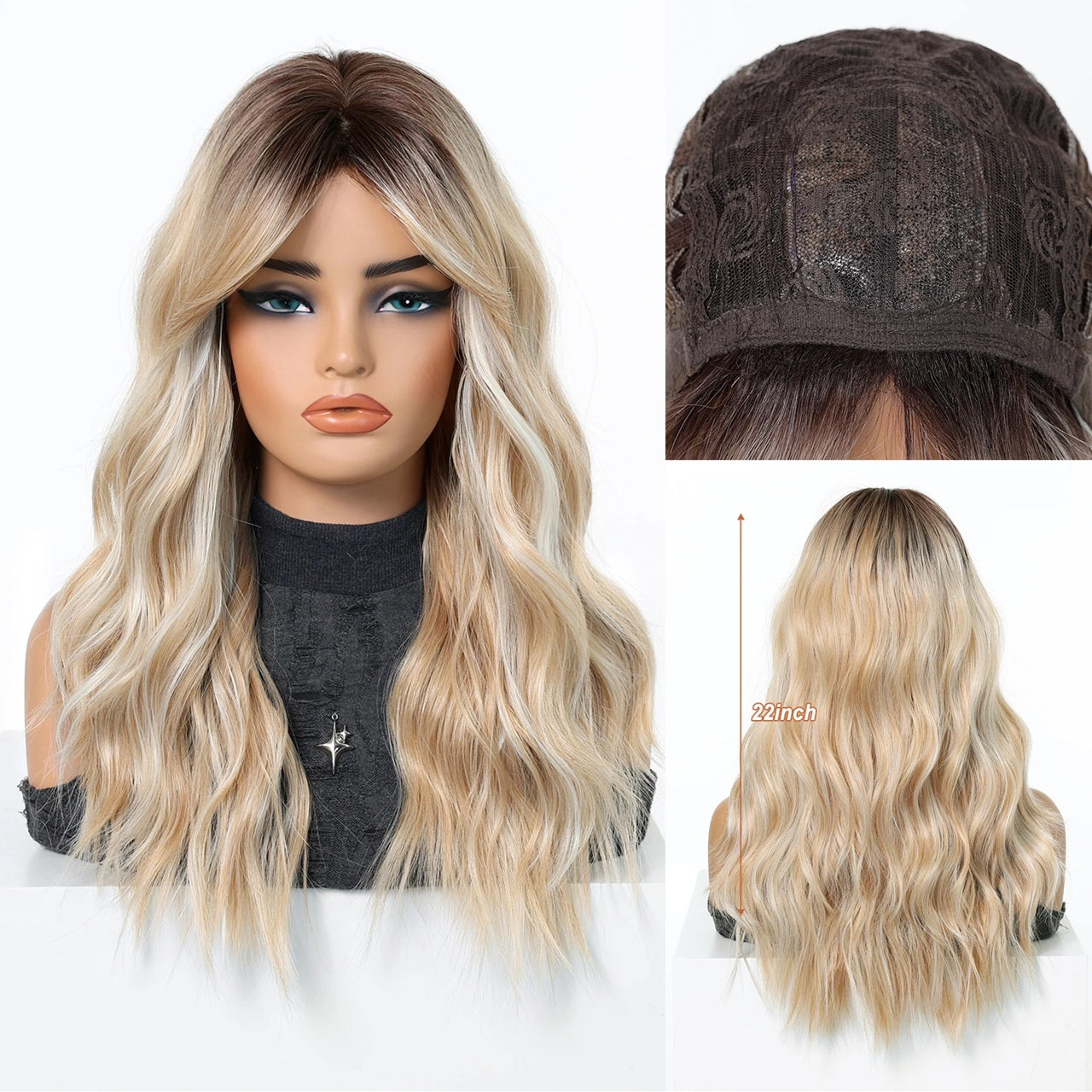 Peruca Blond Suvitat, par lung ondulat, cu breton, 50 cm