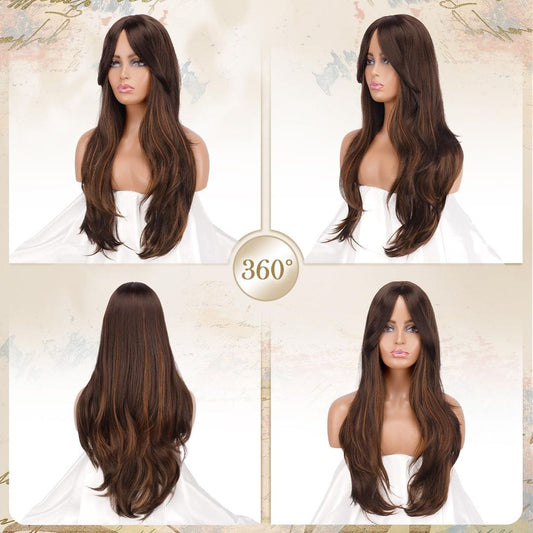 Peruca Maro Ciocolatiu, par lung drept, cu breton, 65 cm