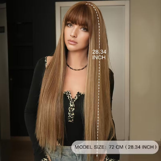 Peruca Maro Ciocolatiu Suvitat, par lung drept, cu breton, 72 cm