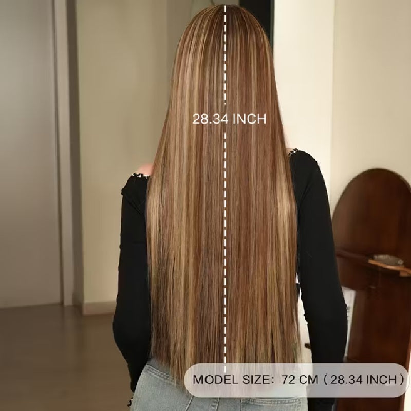 Peruca Maro Ciocolatiu Suvitat, par lung drept, cu breton, 72 cm