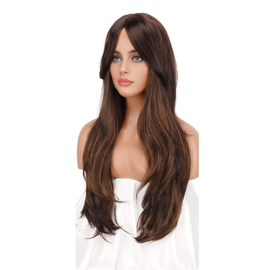 Peruca Maro Ciocolatiu, par lung drept, cu breton, 65 cm