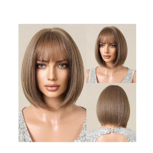 Peruca Ciocolatiu deschis, model bob, par drept, cu breton, 36 cm